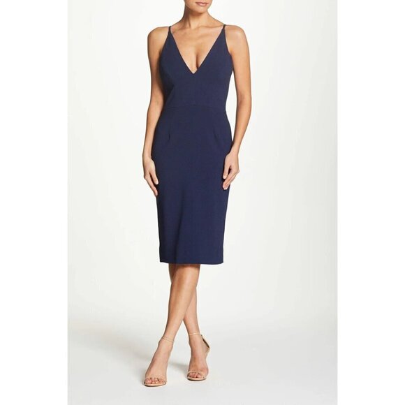 DRESS THE POPULATION Lyla Crepe Cocktail Dress Midnight Blue M Size Small - Picture 1 of 10